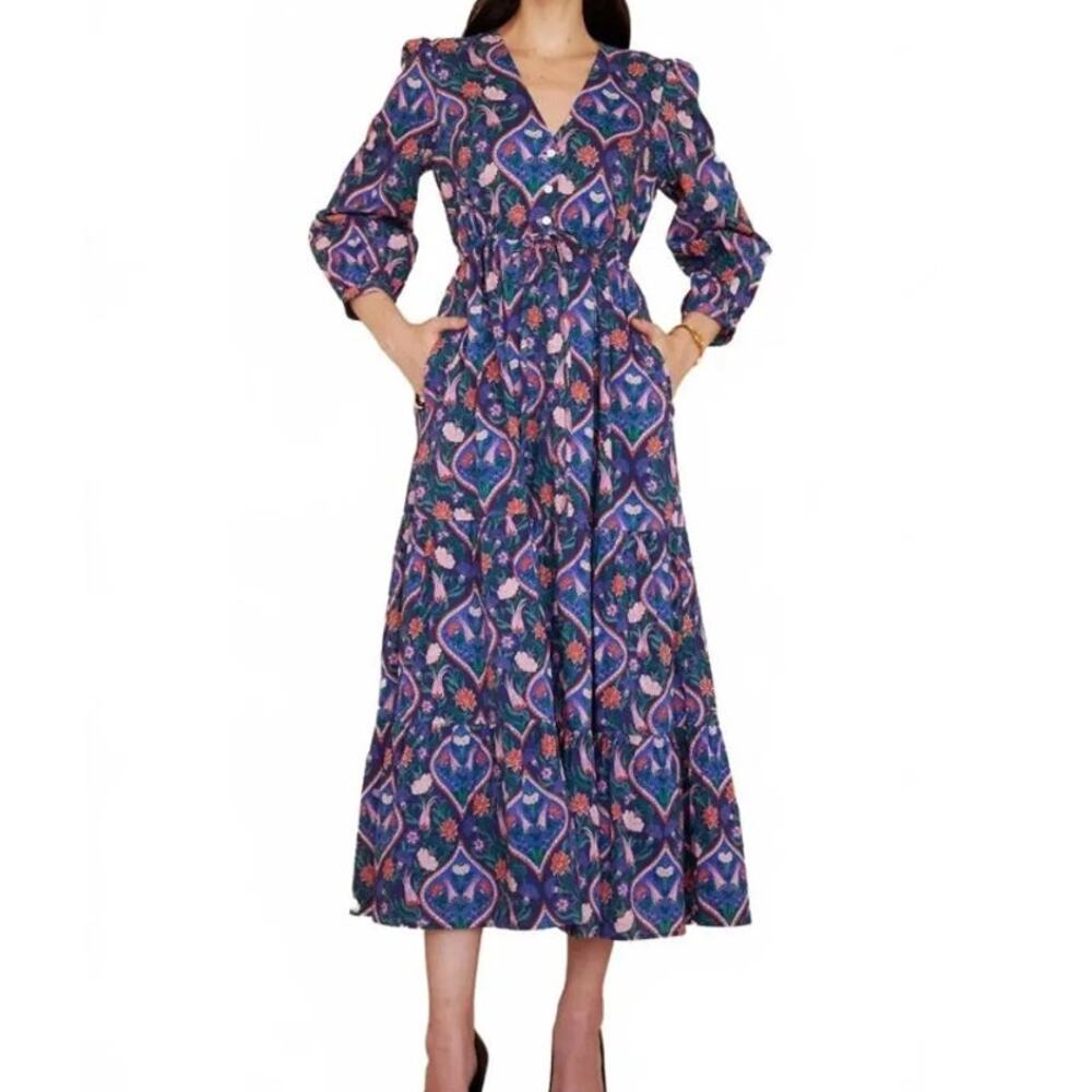 Banjanan Castor Dress L Persian Tile Print Tiered Boho Tie Waist Midi Paisley